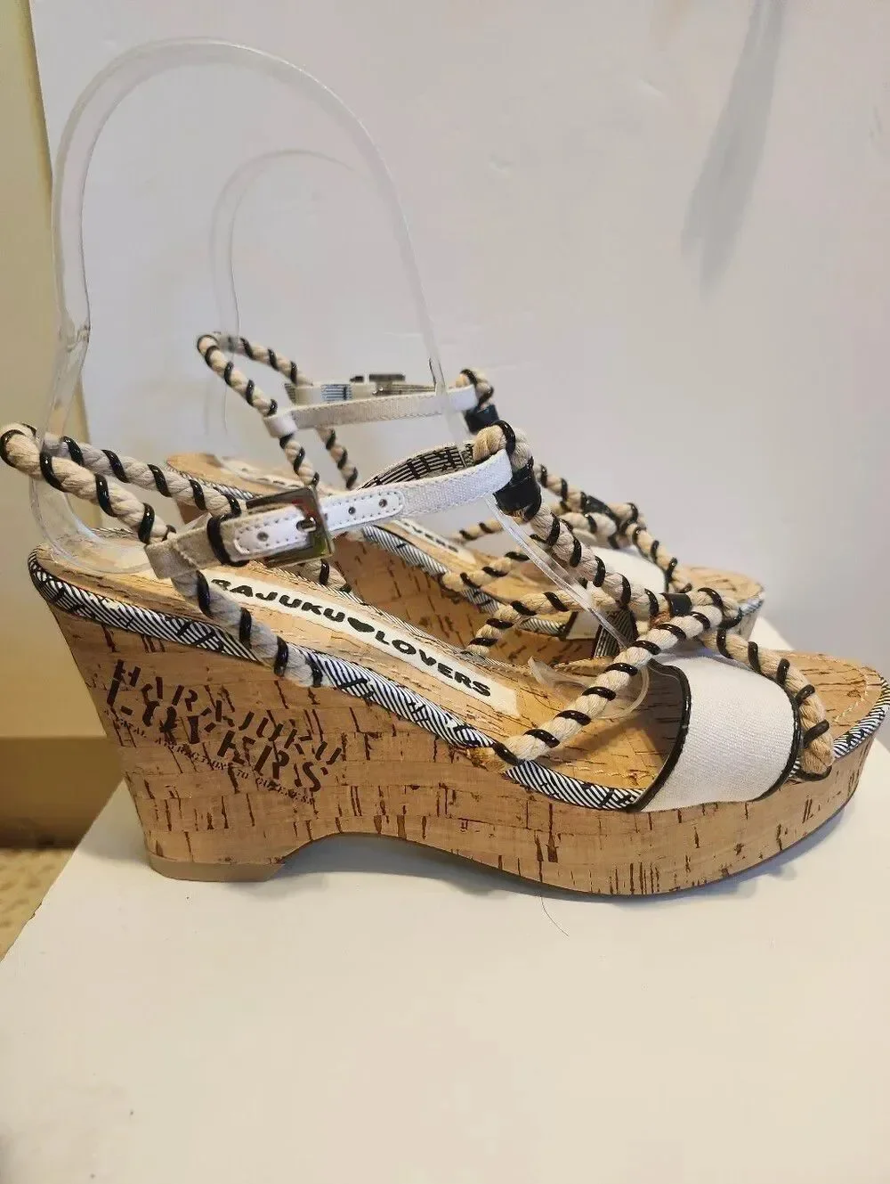 NEW Rare Y2K Harajuku Lovers Rope Strap Cork Platform Sandals Heels Sz. 7.5